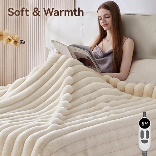 HaloRest Heated Throw Blanket, Faux Fur Cozy Electric Blanket 50''*60'' | Heating Blanket with Overheat Protection, 1/2/3/4 Hours Auto-Off 6 Heat Levels, Machine Washable(Cream White) thumbnail 8
