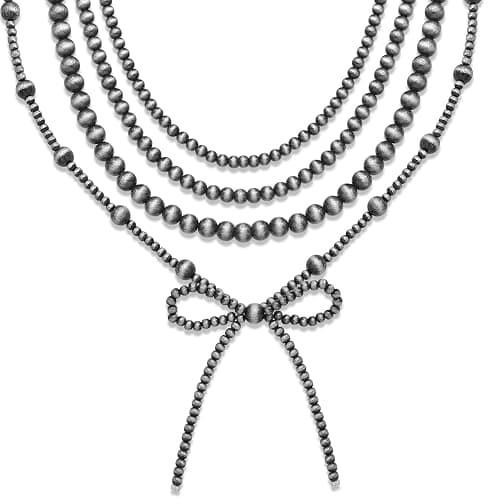 4pcs Western Navajo Pearl Stackble Necklace Jewelry For Women Beaded Chain Bow Pendant Boho Handmade Long Layered Country Concert Necklace Set - Image 1