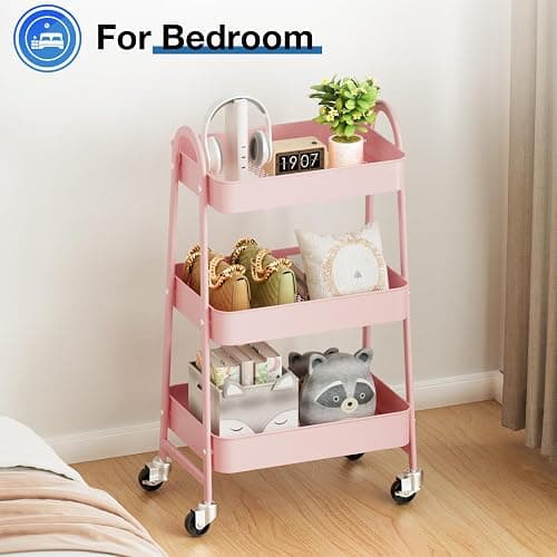 OLIXIS 3 Tier Utility Rolling Cart, Metal Mobile Storage Shelf with Lockable Caster Wheels, Organization for Livingroom, Bathroom & Narrow Places, Pink thumbnail 7