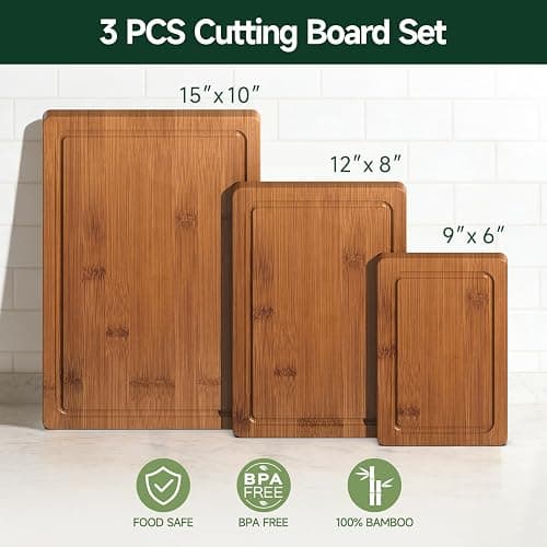 Zeawec 3-Piece Set Bamboo Cutting Board for Kitchen - Crack-Resistant Wood Chopping Boards with Deep Juice Grooves, Pre-Oiled Butcher Block for Meat, Vegetables & Cheese, Carbonized thumbnail 3