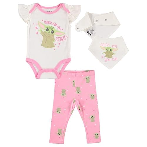 STAR WARS Baby Girls Baby Yoda 3 Piece Short Sleeve Bodysuit Pull-on Pants and Accessory - Image 1
