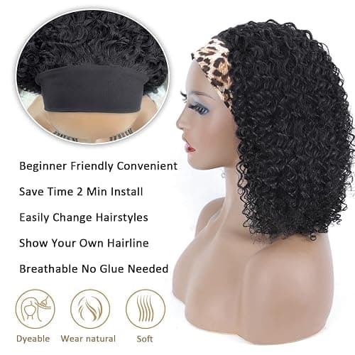 Headband Wig Human Hair,10 Inch Curly Wigs for Black Women,Natural Black | Glueless Headband Wigs,None Lace Front Wig Easy Wear,150% Density Machine Made,Half Wig Human Hair Beginner Friendly thumbnail 7