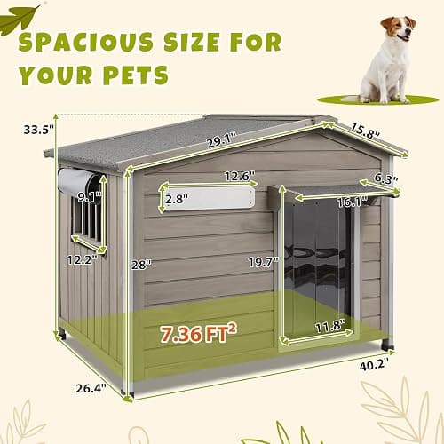 PetsCosset 40.2" L Large Dog House Outdoor & Indoor,Fir Wood Dog Kennel with Weatherproof Openable Asphalt Roof,Spacious Doghouse with Anti-Chewing Metal Edges for Small & Medium & Large Dogs,Grey thumbnail 7