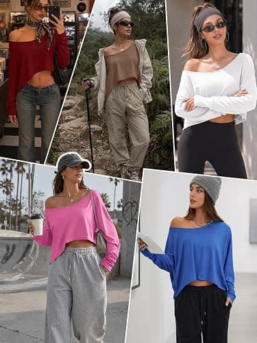 Women’s Off the Shoulder Crop Tops Long Batwing Sleeve Boat Neck Loose Fit Casual Workout Basic Shirts thumbnail 2