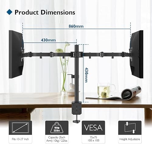BONTEC Monitor Halterung 2 Monitore für 13-27 Zoll, 10 kg pro Arm, Schwarz | Höhenverstellbare Monitor Tischhalterung für Flach- und Curved-Bildschirme, neigbar, schwenkbar und drehbar, VESA 75/100 mm thumbnail 6