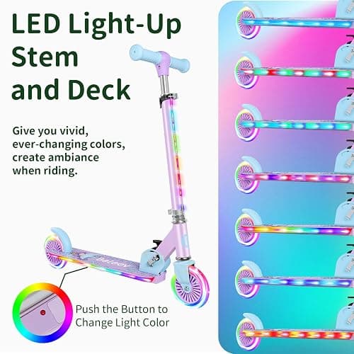 BELEEV V2 Scooters for Kids with Light-Up Wheels & Stem & Deck, 2 Wheel Folding Scooter for Girls Boys, 3 Adjustable Height, Non-Slip Pattern Deck, Lightweight Kick Scooter for Children Ages 3-12 - Purple thumbnail 3