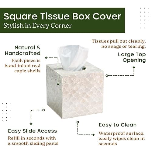 CHI AN HOME 5.8” Capiz Tissue Box Cover, Square Decorative Tissue Holder with Bottom Slider, Handmade Bathroom Accessories, Elegant White Cube for Vanity, Bedroom, Office & Coastal Décor (Natural) thumbnail 4