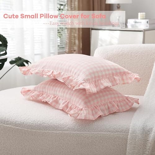 K MASANIJI 2 Pack Blush White Plaid Ruffle Gingham Lumbar Throw Pillow Covers, 100% Washed Cotton Checkered Girls Lovely Farmhouse Decorative Throw Pillow Shams for Bed/Sofa Zipper Closure- 20''x12'' thumbnail 4