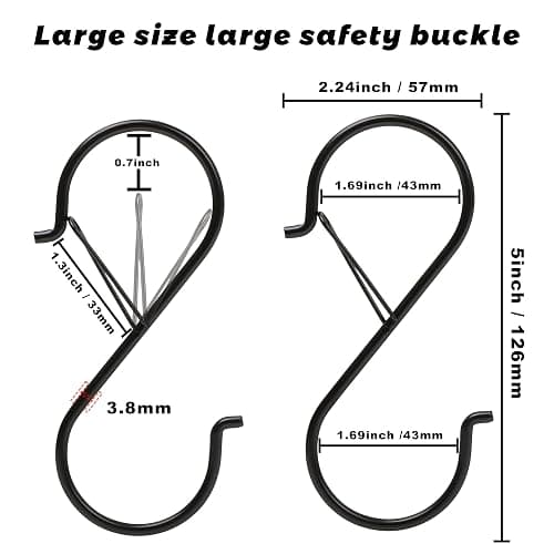 Ansxiy 6 Pack 5 Inch S Hooks for Hanging, Heavy Duty S Hooks with Safety Buckle, S Shape Hooks for Hanging Kitchen Utensils, Pots and Pans, Cups, Plants, Clothes and Bags, Black thumbnail 2