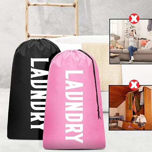 2 Pack XL Travel Laundry Bag, Machine Washable Dirty Clothes Organizer, Large Enough to Hold 4 Loads of Laundry, Easy Fit a Laundry Hamper or Basket (Black + Pink) thumbnail 7
