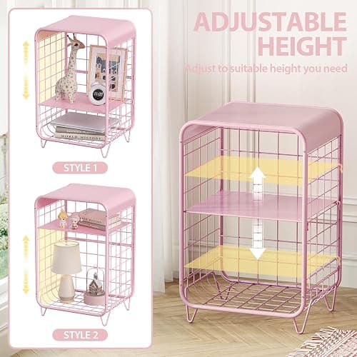 APEXCHASER Cute Kids Pink Nightstand,Metal Side Table,3 Tier End Table with Storage,Vintage Bedside Table,Girls Bedroom Furniture for Living Room,Bedroom,Dorm thumbnail 6