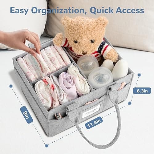 PaoveFor Diaper Caddy Organizer, Newborn Essetials Must Haves, Baby Registry Search and Other Baby Stuff, Collapsible Baby Basket with Handle and a Photo Frame, Grey, 11.8 x 6.3 x 9.0 inch - 11.8 x 6.3 x 9.0 inch thumbnail 3