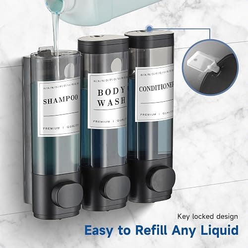 Shampoo and Conditioner Dispenser,Shower Soap Dispenser 3 Chamber No Drill Wall-Mounted Shampoo Dispenser for Shower Wall Mounted Shower Dispenser for Bathroom Hotel Large Capacity,Black thumbnail 5