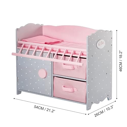 Olivia's Little World Wooden Baby Doll Crib with a Cabinet and Two Cubbies for Doll Accessory Storage Underneath, Pink and Gray and White Polka Dots thumbnail 3