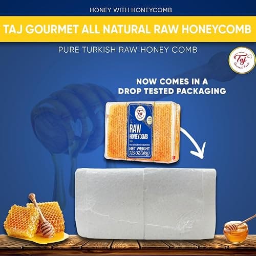 Taj Gourmet All Natural Raw Honeycomb 100% Honey Pure Turkish Raw Honey Comb -100% All Natural Edible Honey Combs Raw Edible - Perfect For Healthy Smoothies Honey With Honeycomb, 200g (7.05oz) thumbnail 2