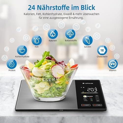 Digitale Küchenwaage mit Nährwertberechnung, Lebensmittelwaage mit 24 Nährwertanalyse, 5kg Edelstahl-Ernährungswaage, TFT Farbdisplay, 50 Offline & unbegrenzte Kalorienanalyse per App, Tara Funktion thumbnail 3