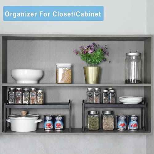 2 Pack Expandable Cabinet Countertop Shelves, Stackable Shelves Organizers For Kitchen Cabinet Countertop Storage, Adjustable Counter Cupboard Pantry Organizer Shelf Rack Stand, Length:20.5" thumbnail 7