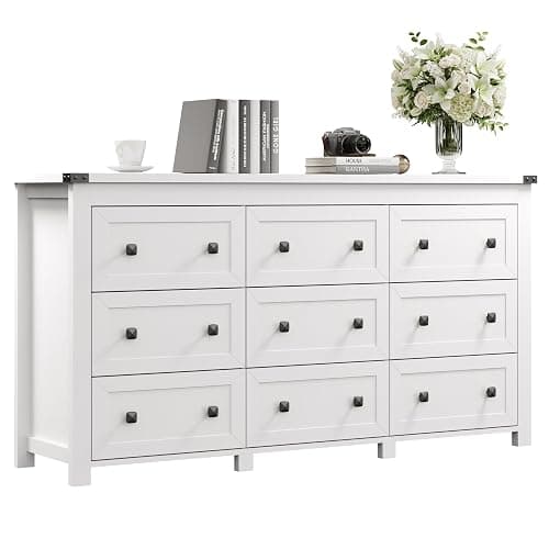Boonatu Dresser for Bedroom with 9 Drawers, Wood Dressers Chest of Drawers with Metal Handles, Modern Bedroom Dresser with Drawers for Closet Hallway, Living Room, White - Image 1