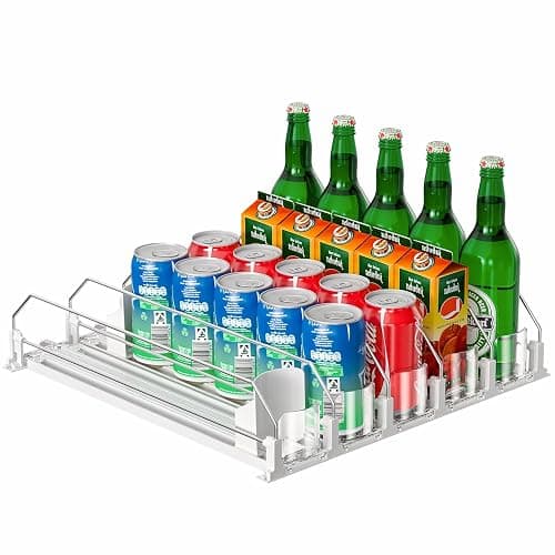 KUUKIKV Upgraded Drink Organizer for Fridge, Space-Saving Fridge Drink Organizer, Automatic Pusher Glide and Adjustable Width Drink Dispenser for Fridge - Holds Up to 25 Cans (5 Rows White) - Image 1