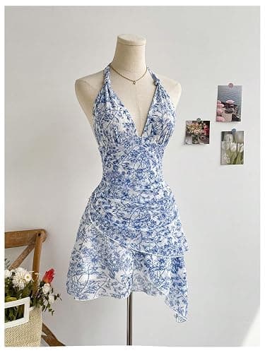 BEAUDRM Women's Y2K Floral Halter Dress Boho Mini Dress Backless Going Out Date Night Summer Vacation Sundress thumbnail 3