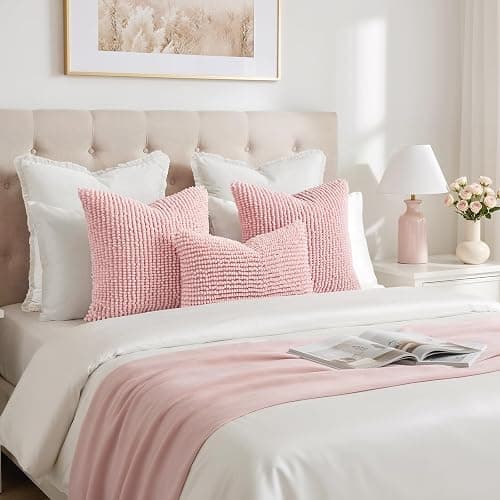 HOMEIDEAS Light Pink Textured Chenille Pillow Covers 18x18 Set of 2 | Thick Plush Double Sided Design,Cozy Warm Touch Textured Design,Couch Sofa Bed Bedroom,Modern Farmhouse Decor thumbnail 8