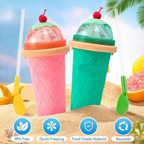 Slushy Cup Slushie Cup,Quick Frozen Magic Cup, Smoothie Cups with Lids and Straws, Double Layer Squeeze Slushy Maker Cup, Portable Squeeze Ice Cup Christmas Gifts for Family, Friends Kids (pink) thumbnail 3