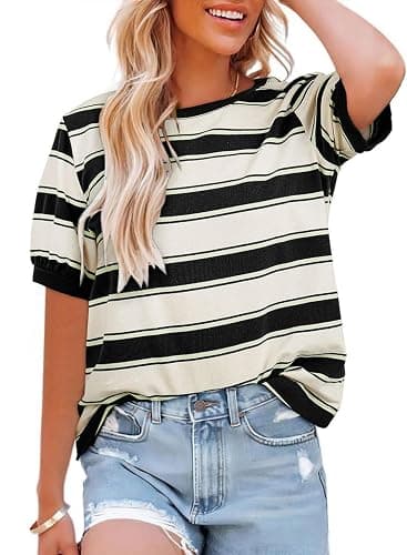 Womens Tops Cotton Casual Color Block Striped Short Sleeve Shirts Crewneck T Shirts Loose Basic Tee Blouses - Image 1