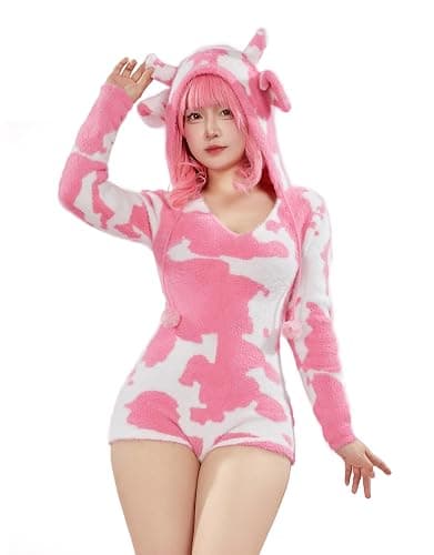 Mobbunny Women's Fuzzy Knit Sweater Pajamas Pink Cow Print Jumpsuit Fluffy Hooded Romper Bodysuit Onesies Pajamas Adult - Large - Pink - Image 1