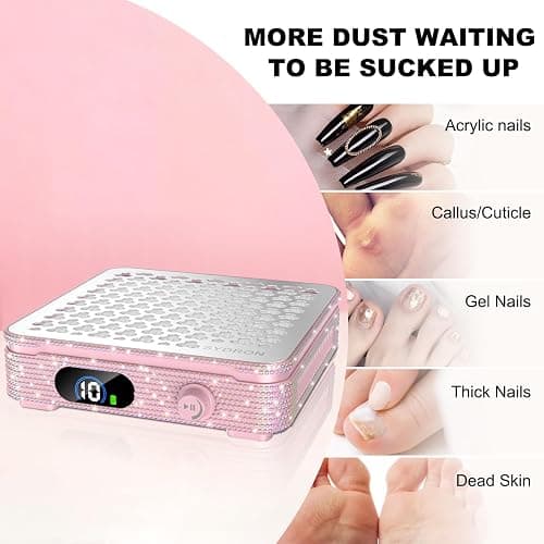 Nail Dust Collector | 1000PA Nail Dust Collector Rechargeable | 10 Speed Levels | Low Noise & Strong Suction | Reusable Filter, 10 Pads + Nail Dust Brush| for Acrylic Nails, Salon & Home -Pink Diamond thumbnail 7