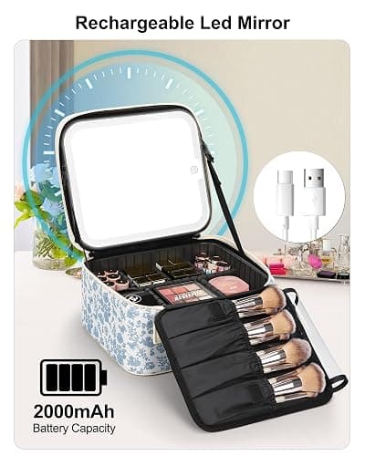 Relavel Travel Makeup Bag with LED Mirror, Portable Cosmetic Train Case with 3 Color Lighted Brightness Mirror, Makeup Artist Organizer Storage with Adjustable Dividers Make Up Box - Blue Flower thumbnail 7