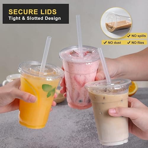 VITEVER [100 Sets - 16oz] Clear Plastic Cups with Lids and Straws, Disposable Iced Coffee Cups for Smoothie, Milkshake, Cold Drinks - BPA free thumbnail 5