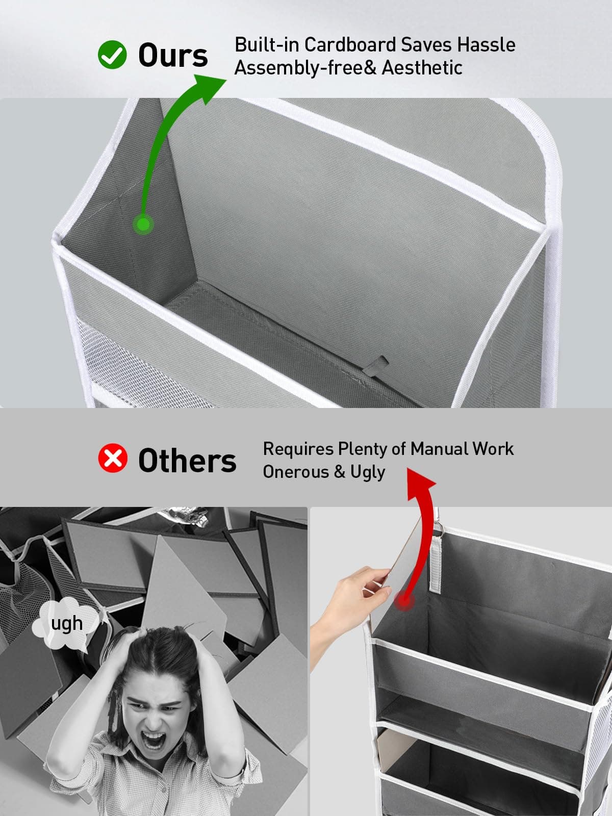 Yecaye 1 Pack Over The Door Organizer with 5 Bins 10 Side Pockets,44lbs Load Hanging Bathroom and Bedroom Organizer, Behind The Door Storage for Nursery Newborn Baby Essential Stuff, Grey thumbnail 7