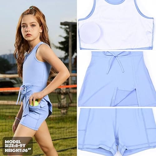 Girls Sleeveless Tennis Dress Tank Top Skorts Skirts High Waist Side Slit Outfit Athletic Sets with Shorts Pockets thumbnail 5