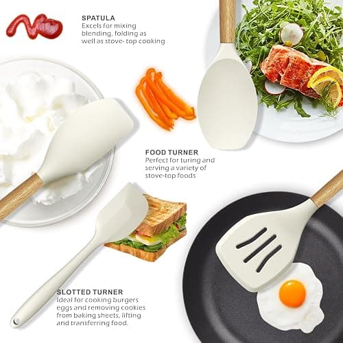 oannao Silicone Cooking Utensils Set - 446°F Heat Resistant Silicone Kitchen Utensils for Cooking,Kitchen Utensil Spatula Set w Wooden Handles, BPA FREE Gadgets for Non-Stick Cookware (Khaki) thumbnail 4