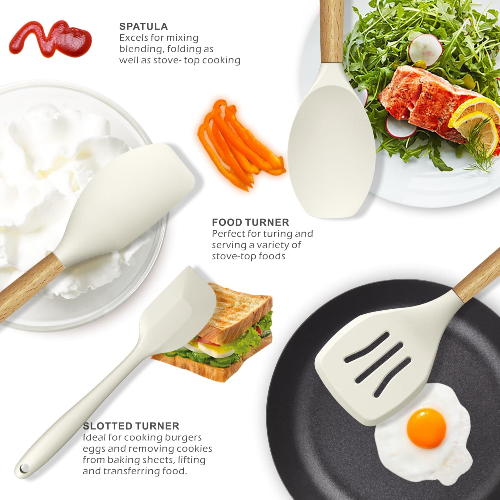 Silicone Cooking Utensils Set - 446°F Heat Resistant Silicone Kitchen Utensils for Cooking,Kitchen Utensil Spatula Set w Wooden Handles and Holder, BPA Free Gadgets for Non-Stick Cookware (Khaki) thumbnail 3