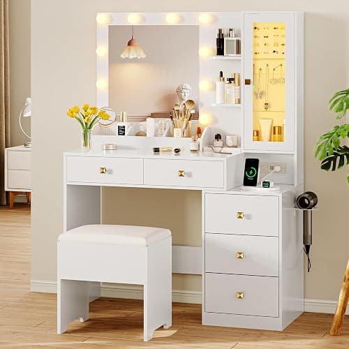 Vanity Desk with Mirror and Lights, Makeup Vanity Table Set with 5 Storage Drawers, Power Outlet & Chair, Small Dressing Table with RGB Ambient Light, Adjustable Brightness for Girls Bedroom, White thumbnail 3