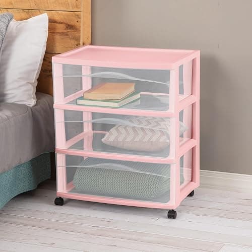Sterilite 2 Pack Wide 3 Drawer Storage Cart, Rolling Organization, Pink | Clear Plastic Organizer Drawers with Wheels for Craft Supplies, Bath Essentials, or Home Accessories thumbnail 4