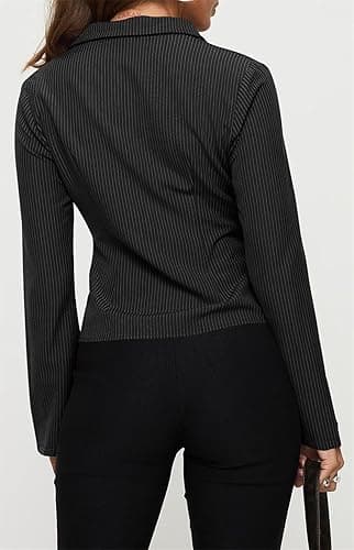 ECHOINE Women Button Down Shirts Long Sleeves Slim Fitted Casual Collared Blouses Work Striped Tops thumbnail 3