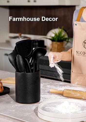 Nucookery Utensil Holder, 6.4" Ceramic Kitchen Utensil Holder with Countertop-Protection Cork Bottom, Farmhouse Kitchen Decor for Counter, Christmas Gift (Stone Black) thumbnail 6