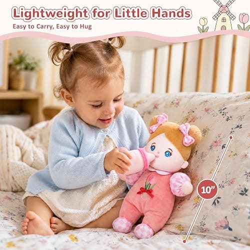 OUOZZZ Soft Plush Baby Doll 10" Tulip Pink Snuggle Buddy | First Birthday Toys for 1 Year Old Girl, Ideal 1 Year Old Girl Gifts & Baby Girl Gifts, Cuddly Toy for Infants & Toddlers thumbnail 4