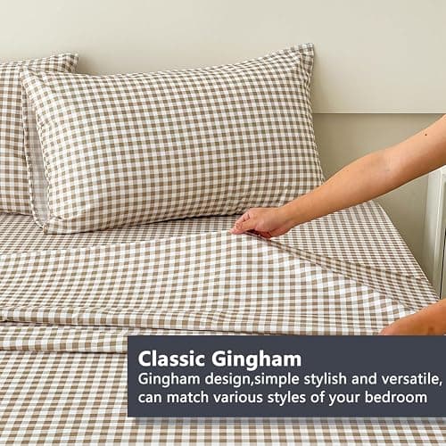 NSNLGSGC Tan Gingham King Sheet Set, Soft Brushed Microfiber Taupe Plaid King Bed Sheets, 4-Pieces Brown Grid Sheet Set with Deep Pocket thumbnail 3
