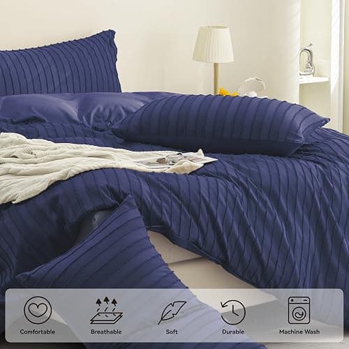 **JELLYMONI Duvet Cover Full Size Navy Blue - 3PCS Boho Striped Duvet Cover Set Polyester Tufted Bohemian Textured Comforter Cover with Corner Ties & Zipper Closure thumbnail 4