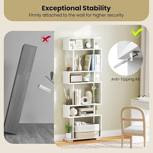 Giantex 6-Tier Geometric Bookcase, 64" Tall S-Shaped Bookshelf with Anti-Tipping Kit, Wood Freestanding Decorative Storage Display Shelves for Living Room, Bedroom & Home Office, White thumbnail 8