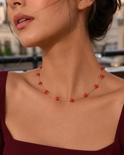 SHANTYSON Beaded Choker Necklace 14K Gold Plated Natural Stone Boho | Multicolor, Turquoise, Handmade, Beach Summer Style, Western Jewelry, Adjustable Chain thumbnail 3