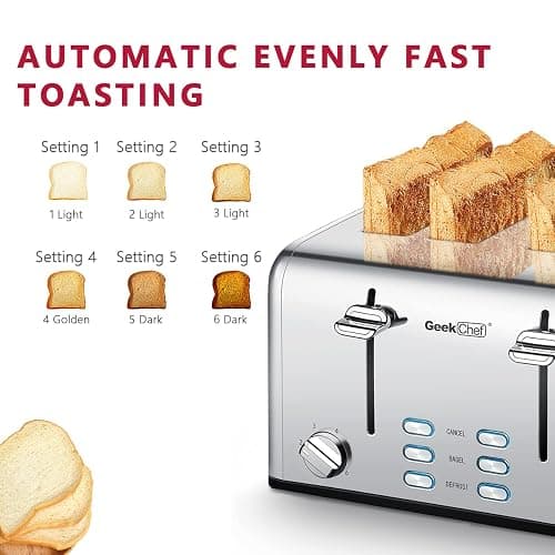 Toaster 4 Slice, Geek Chef Stainless Steel Toaster with Extra Wide Slots，4 Slot Toaster with Bagel/Defrost/Cancel Function, Dual Control Panel of 6 Toasting Bread Shade Settings, Removable Crumb Trays, High Lift Lever, ETL thumbnail 4