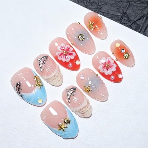 Handmade Short Almond Ocean Press On Nails,Reusable&Salon Quality(1TA12, S) | 10Pcs Daily & Party Fake Nails | Easy Apply & Remove | Tropical Ocean Style Press Ons with 3D Dolphin,Starfish,Plumeria thumbnail 2