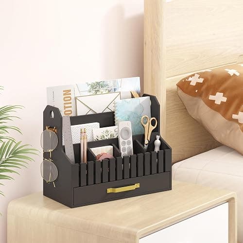 Bamboo Mail Organizer Countertop with Drawers, Wood Desk File Organizer Desktop Paper Organization Storage Bill & Letter Sorter Holder for School Home Office Supplies, No Assembly Required (Black) thumbnail 7