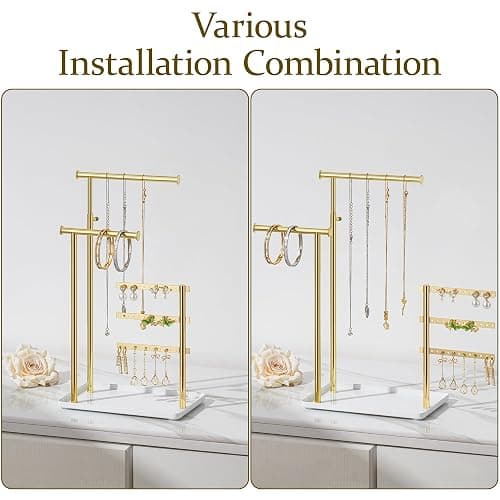 susswiff Jewelry Holder Organizer Stand - Adjustable Tall 17.5" (Max), Gift for Women, Mirrored Gold Jewelry Hanger for Necklaces, Earrings, Bracelets, Rings thumbnail 5