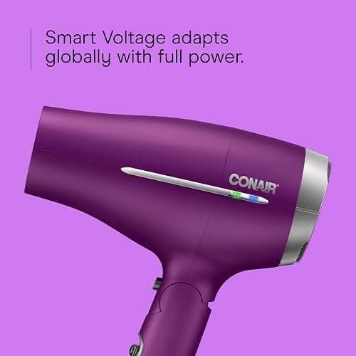 Conair Worldwide Folding Handle Hair Dryer with Concentrator & Diffuser, 1875W Travel Blow Dryer with Smart Voltage Technology, Ionic Conditioning Fights Frizz, 3 Heat & 2 Speed Settings, Purple thumbnail 4