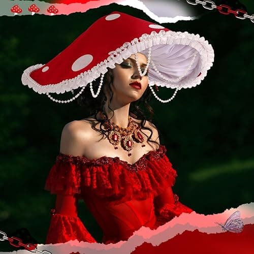 Croloose Mushroom Hat Renaissance Medieval Costume Cosplay Halloween Victorian Fairy Accessories with Bead Lace Brim Cap thumbnail 4